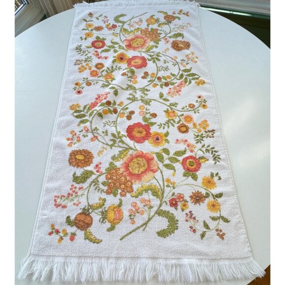 Vintage 70s bath towel, orange, pink, green flowers, fringed, velours terrycloth - Picture 2 of 8